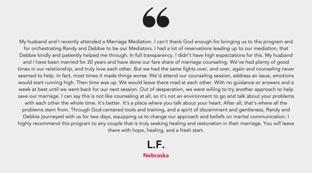 A testimonial about a marriage mediation experience, highlighting effective communication and healing for a fresh start.