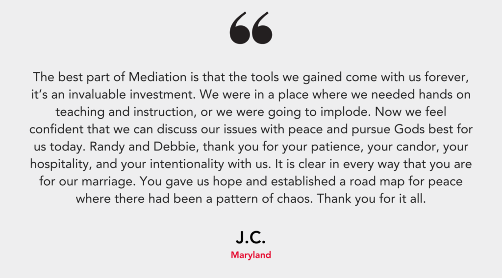 A testimonial about mediation, expressing gratitude for tools and guidance provided by Randy and Debbie, improving a marriage.