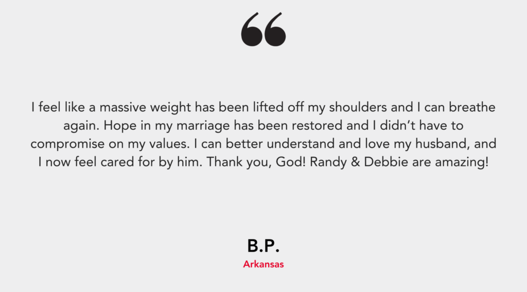 A testimonial expressing relief and restored hope in a marriage, with praise for Randy and Debbie's help.