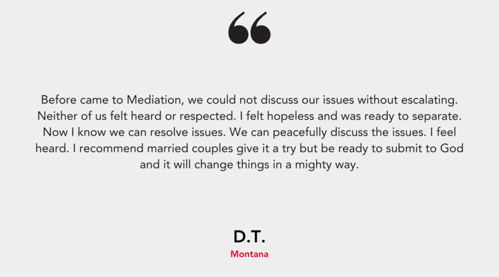 A testimonial about the positive impact of mediation on marriage, emphasizing resolution and communication.