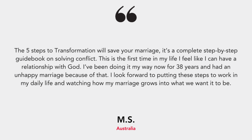 A testimonial praising a guidebook for saving marriages and enhancing a relationship with God, attributed to M.S. from Australia.