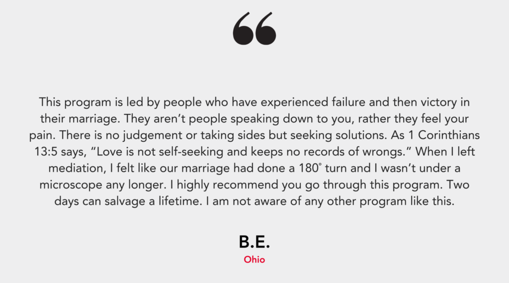 A testimonial praising a marriage program led by experienced individuals, highlighting empathy and solutions over judgment.