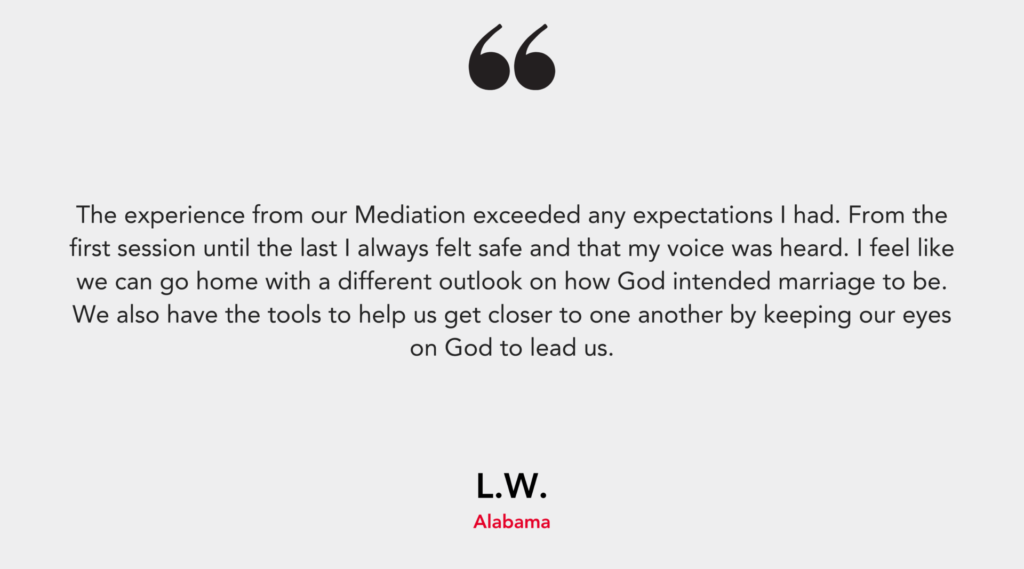 A testimonial praising a mediation experience, expressing feeling safe and heard, and gaining tools for marriage improvement.