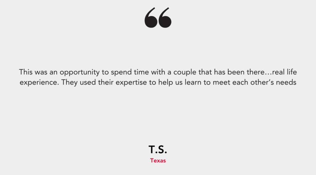 A testimonial about a valuable learning experience from a couple sharing expertise in relationships, attributed to T.S. from Texas.