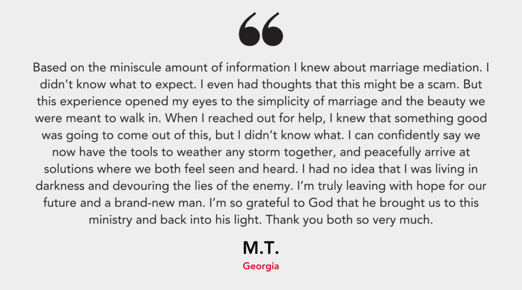 A testimonial about a positive marriage mediation experience, expressing gratitude and hope for the future.