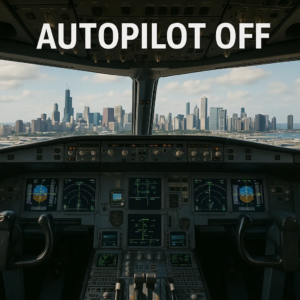 View from an aircraft cockpit with "AUTOPILOT OFF" text, city skyline in the background.
