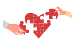 Two hands are assembling red puzzle pieces into a heart shape. Keywords: articles on marriage.