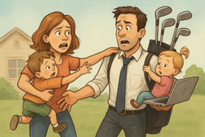 A worried family with a man carrying a laptop, child, and golf bag, interacting with a concerned woman holding a child.
