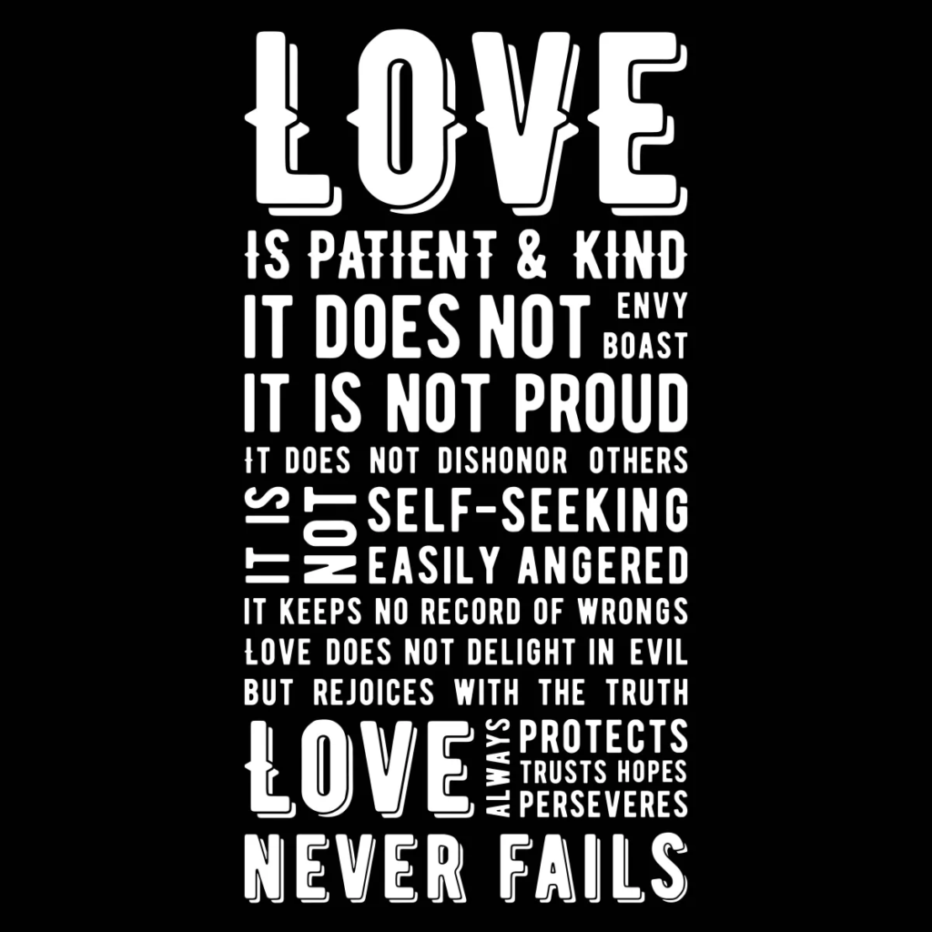Inspirational text about love's qualities: patient, kind, not envious, not proud, protective, trusting, hopeful, persevering, never fails.