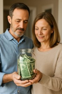 A couple is holding a jar filled with dollar bills, smiling contentedly.