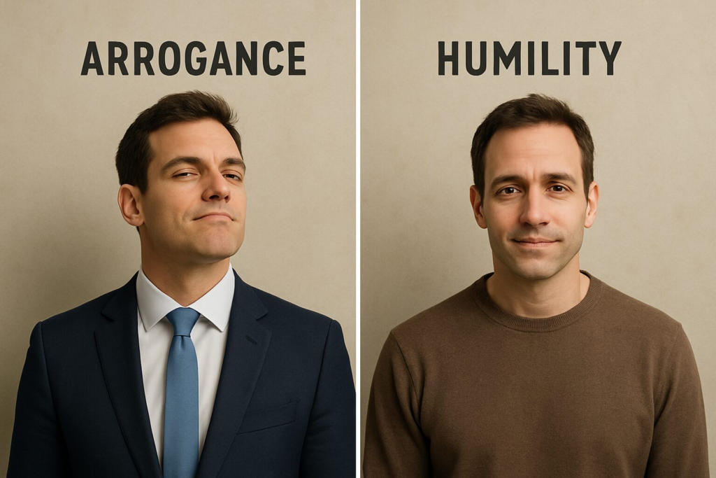Graphic showing a side by side comparison of a man's expression with the words "Arrogance" and "Humility" over each photo 