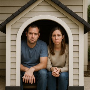 Sad couple sitting in a doghouse.