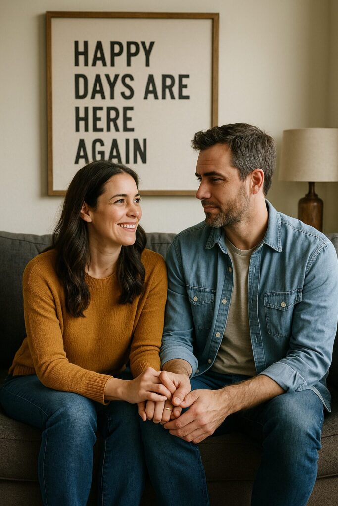 Couple sitting on a couch holding hands. 