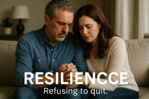 Husband and wife sitting on the couch holding hands.
