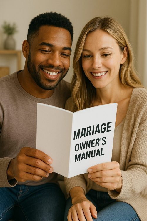 A smiling couple is reading a book titled "Marriage Owner's Manual." Related to Articles on Marriage.